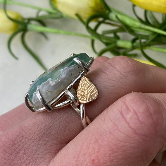 Yellow Gold and Silver Chrysoprase Leaf Ring